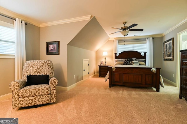 carpeted bedroom featuring ceiling fan, baseboards, and ornamental molding