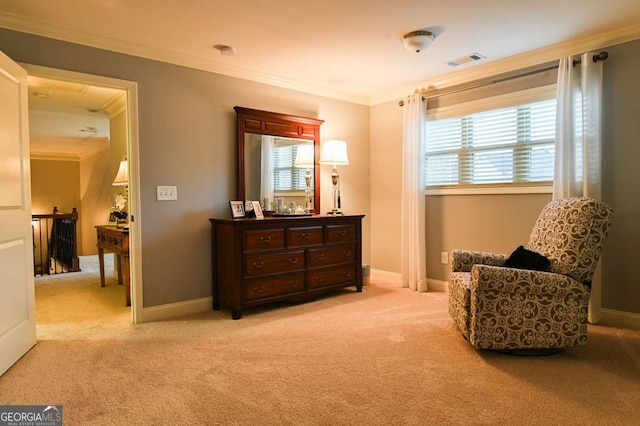 sitting room with visible vents, light carpet, an upstairs landing, crown molding, and baseboards