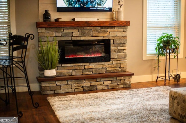 room details featuring a fireplace, baseboards, and wood finished floors