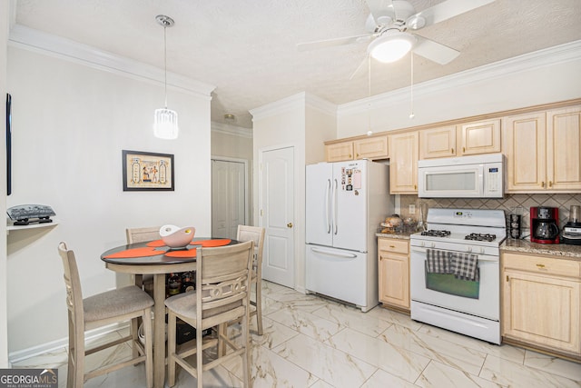 4809 Shae Ct Unit 5, Powder Springs, GA 30127 - kitchen featuring light brown cabinets, ornamental molding, and white appliances
