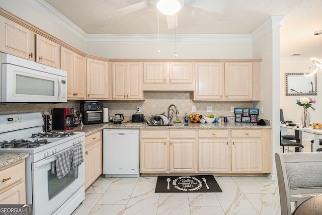 4809 Shae Ct Unit 5, Powder Springs, GA 30127 - kitchen with a sink, white appliances, marble finish floor, light brown cabinets, and ornamental molding