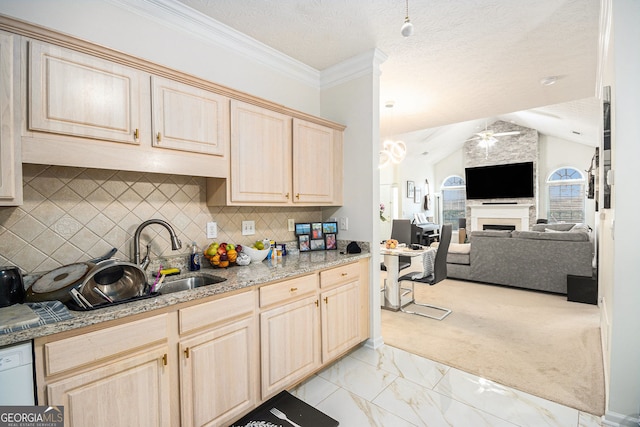 4809 Shae Ct Unit 5, Powder Springs, GA 30127 - kitchen featuring lofted ceiling, marble finish floor, a ceiling fan, light brown cabinets, and open floor plan