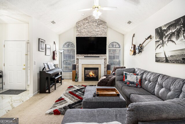 4809 Shae Ct Unit 5, Powder Springs, GA 30127 - carpeted living area with vaulted ceiling, visible vents, a ceiling fan, and plenty of natural light