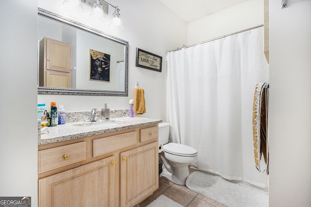 4809 Shae Ct Unit 5, Powder Springs, GA 30127 - full bathroom featuring curtained shower, toilet, vanity, and tile patterned floors