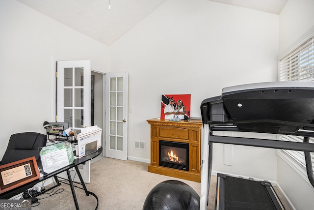 4809 Shae Ct Unit 5, Powder Springs, GA 30127 - carpeted home office with lofted ceiling, baseboards, a glass covered fireplace, and visible vents