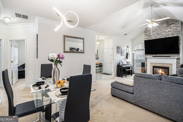 4809 Shae Ct Unit 5, Powder Springs, GA 30127 - living room featuring vaulted ceiling, visible vents, carpet, ceiling fan, and a fireplace
