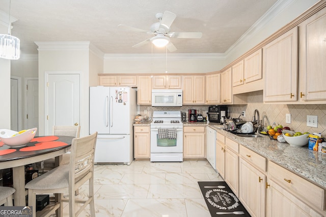 4809 Shae Ct Unit 5, Powder Springs, GA 30127 - kitchen featuring light brown cabinets, a sink, decorative backsplash, white appliances, and marble finish floor