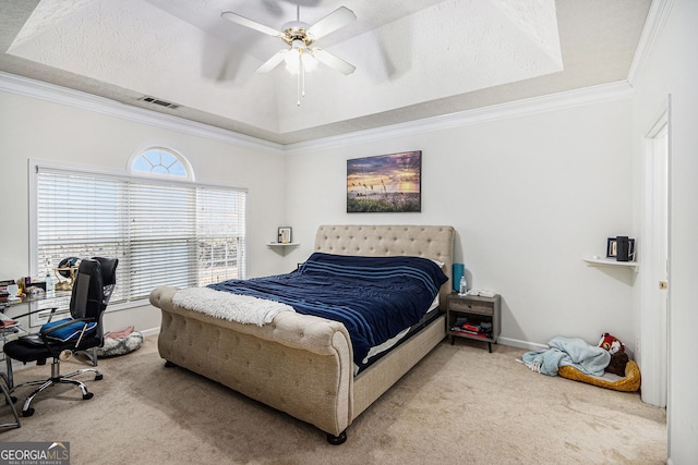 4809 Shae Ct Unit 5, Powder Springs, GA 30127 - carpeted bedroom with baseboards, visible vents, a ceiling fan, crown molding, and a raised ceiling
