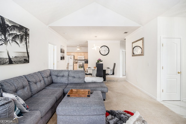 4809 Shae Ct Unit 5, Powder Springs, GA 30127 - living room with light colored carpet, baseboards, ornamental molding, and vaulted ceiling