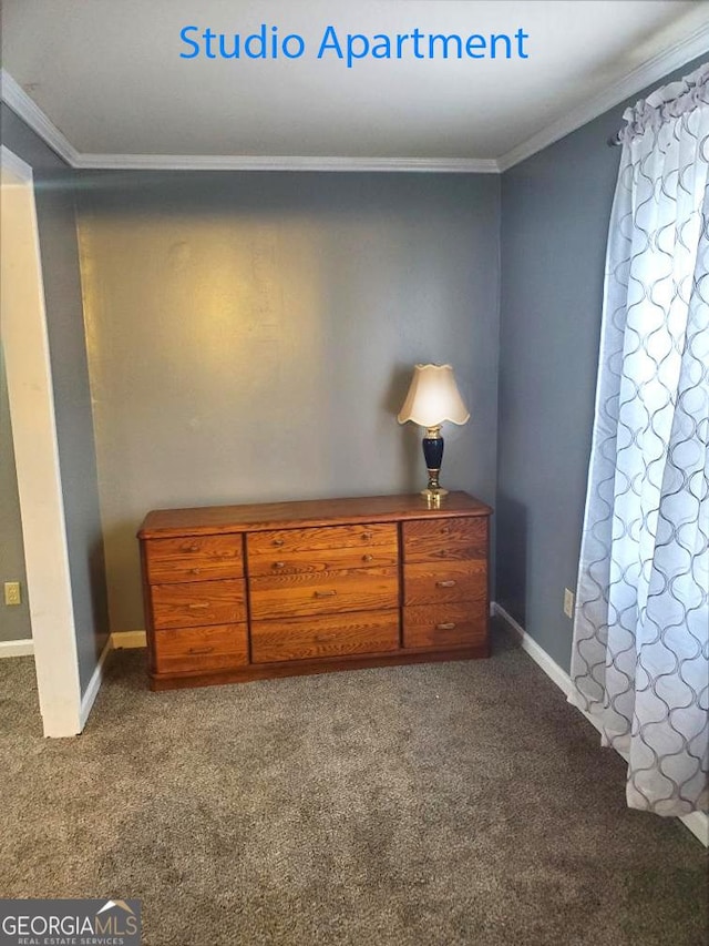 carpeted bedroom with crown molding and baseboards