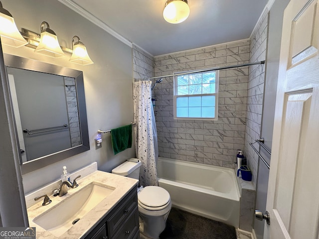 full bathroom with vanity, toilet, shower / tub combo, and ornamental molding