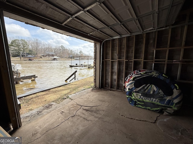 garage featuring a water view