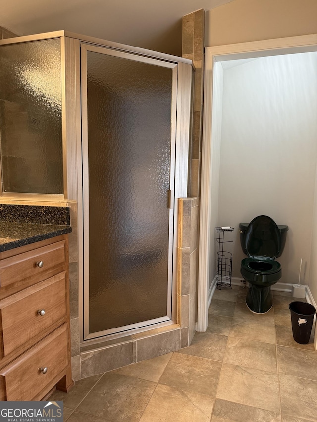 bathroom featuring vanity, a shower stall, and toilet