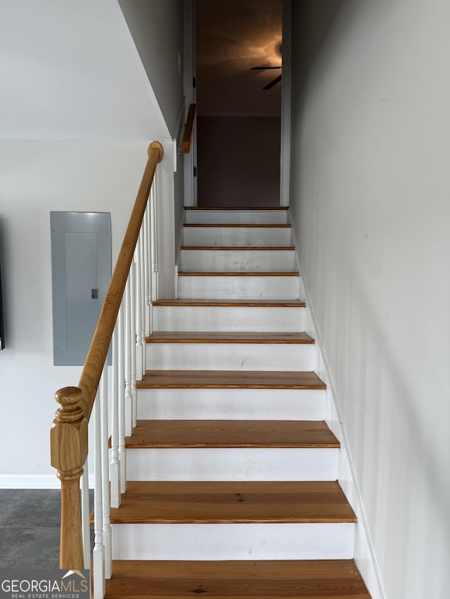 stairs featuring electric panel