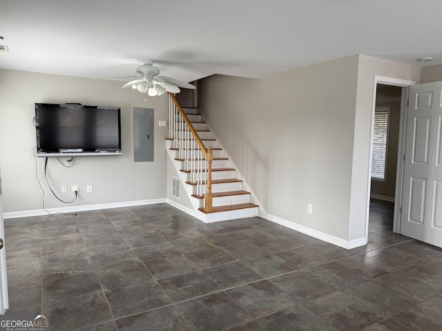 unfurnished living room with visible vents, baseboards, ceiling fan, stairway, and electric panel