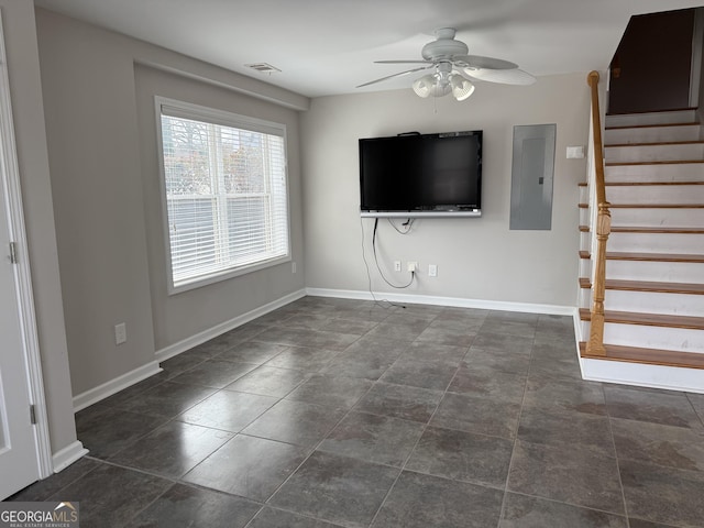 unfurnished living room featuring visible vents, a ceiling fan, electric panel, baseboards, and stairs