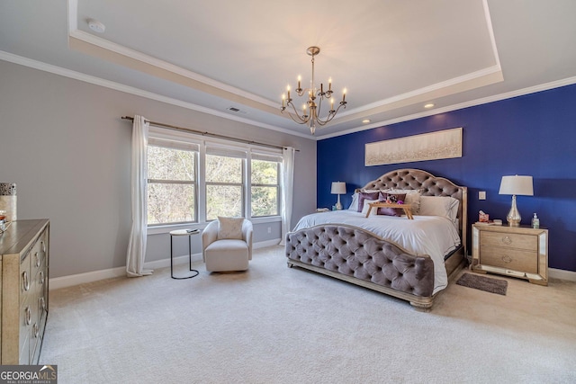 bedroom featuring baseboards, a raised ceiling, a notable chandelier, and carpet flooring