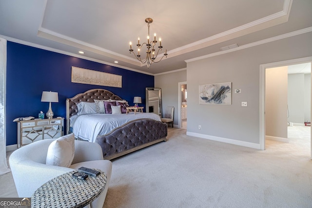 carpeted bedroom with visible vents, baseboards, ornamental molding, a notable chandelier, and a raised ceiling