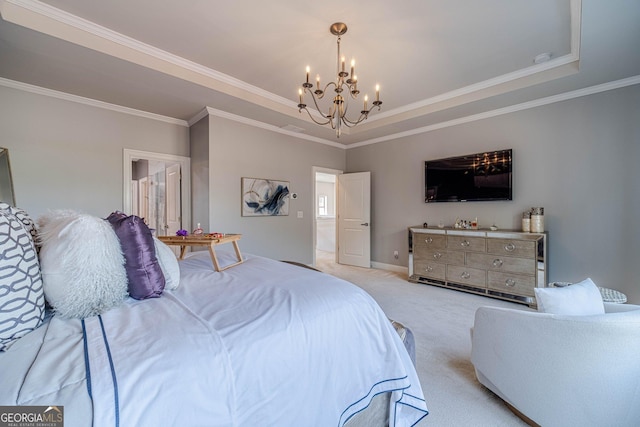 bedroom with light carpet, a raised ceiling, crown molding, baseboards, and a chandelier