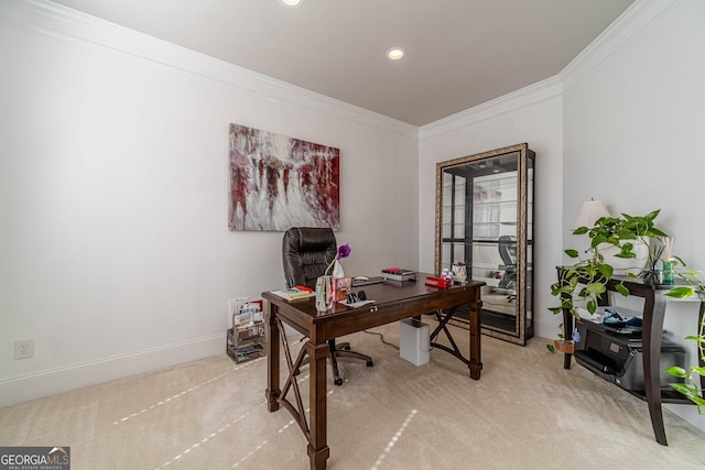 office space with recessed lighting, baseboards, light carpet, and crown molding