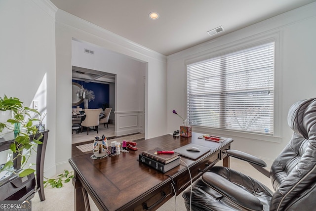 office featuring visible vents, recessed lighting, and ornamental molding