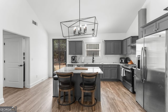 kitchen with visible vents, gray cabinets, a kitchen island, light wood-style floors, and appliances with stainless steel finishes