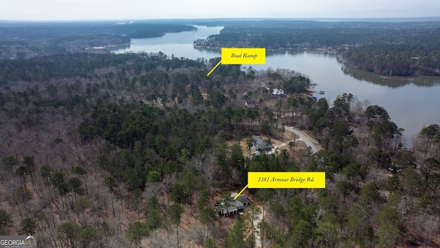 drone / aerial view featuring a view of trees and a water view