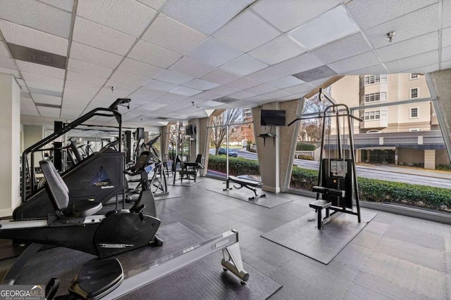 gym featuring a paneled ceiling and expansive windows