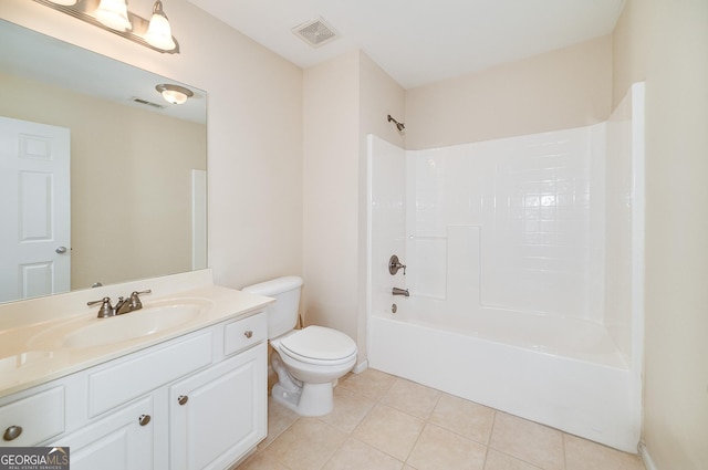 full bath featuring vanity, visible vents, bathtub / shower combination, tile patterned floors, and toilet