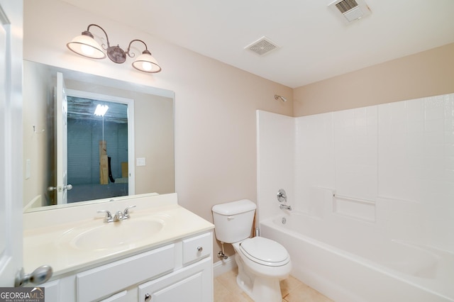 full bathroom with tile patterned flooring, visible vents, toilet, bathing tub / shower combination, and vanity