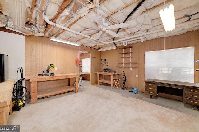 below grade area with a workshop area and a ceiling fan