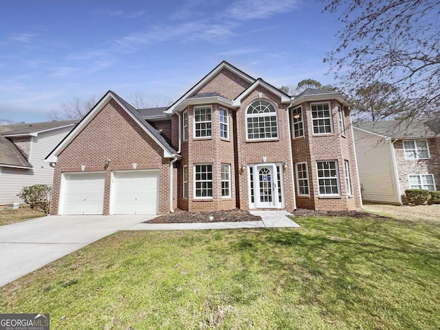 view of front of house featuring a garage, brick siding, concrete driveway, and a front lawn