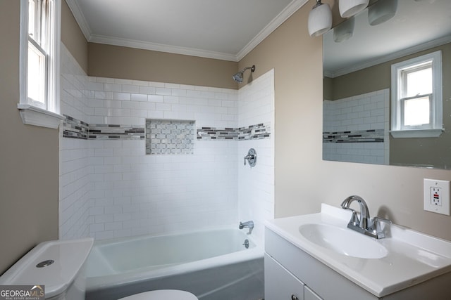 full bath featuring tub / shower combination, toilet, crown molding, and vanity