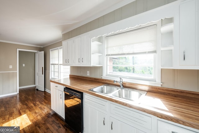 kitchen featuring open shelves, butcher block countertops, a sink, dishwasher, and crown molding