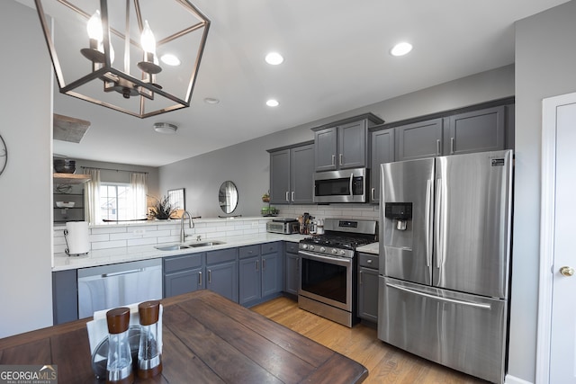 kitchen with decorative backsplash, stainless steel appliances, light countertops, and a sink