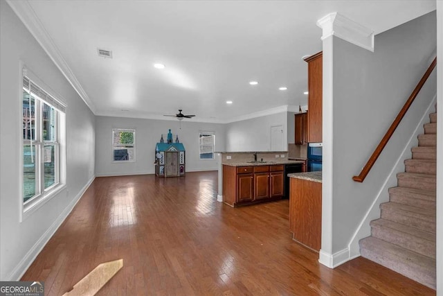 kitchen featuring a ceiling fan, brown cabinetry, dark wood-style flooring, a sink, and crown molding