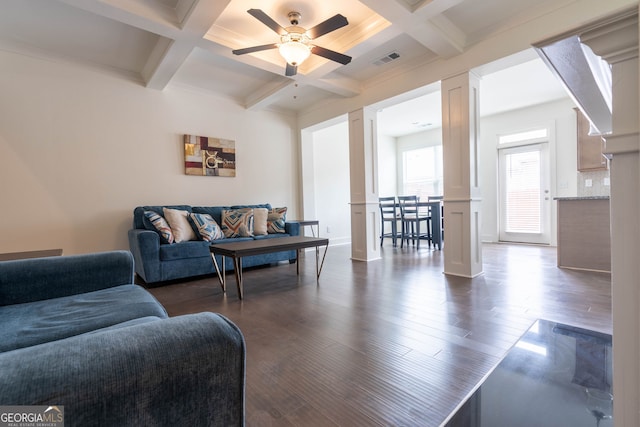 living room with visible vents, beamed ceiling, coffered ceiling, and dark wood-type flooring