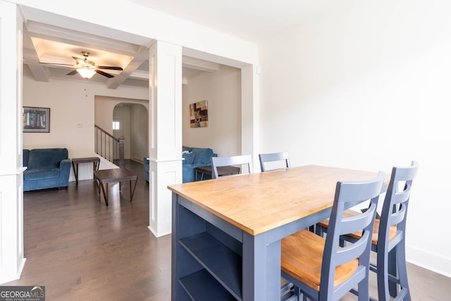 dining space featuring beamed ceiling, a ceiling fan, coffered ceiling, arched walkways, and dark wood-style flooring