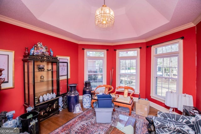 dining space with baseboards, a chandelier, ornamental molding, wood finished floors, and a raised ceiling