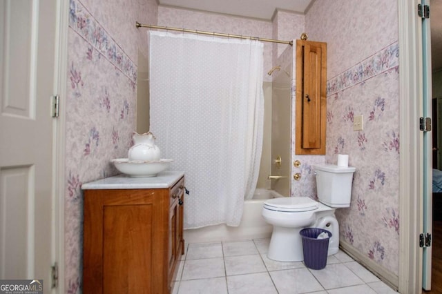 bathroom with tile patterned flooring, wallpapered walls, toilet, vanity, and shower / bathtub combination with curtain