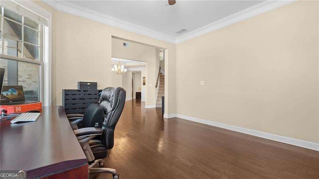 home office with ornamental molding, baseboards, an inviting chandelier, and wood finished floors