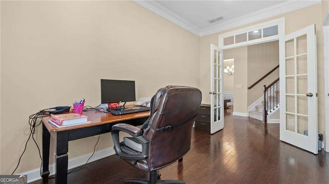 home office with wood finished floors, baseboards, visible vents, french doors, and crown molding