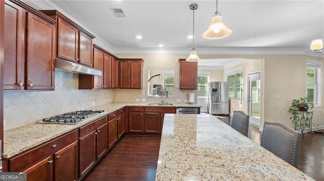 kitchen featuring under cabinet range hood, dark wood finished floors, stainless steel appliances, and a sink