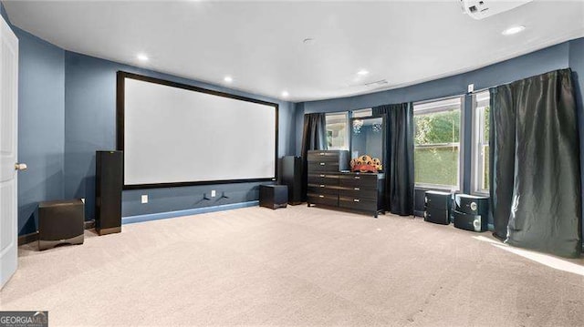 carpeted home theater featuring recessed lighting