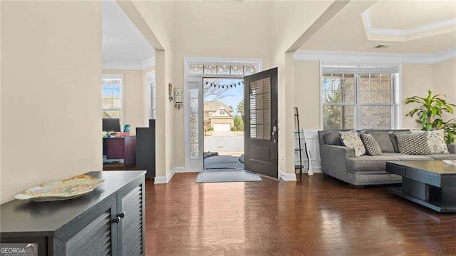 foyer entrance with crown molding, a healthy amount of sunlight, dark wood-style flooring, and baseboards