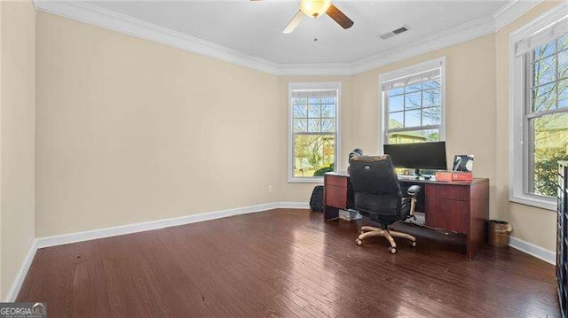 office with dark wood-type flooring, a ceiling fan, visible vents, and ornamental molding