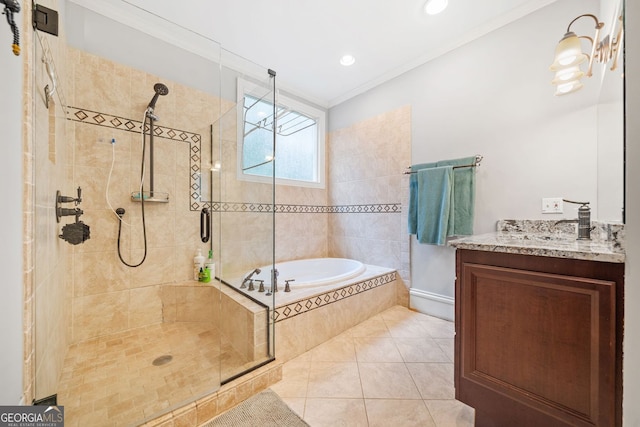 full bathroom featuring tile patterned flooring, a stall shower, a garden tub, and ornamental molding