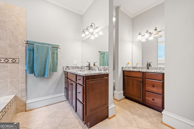 full bathroom with tile patterned flooring, two vanities, and ornamental molding