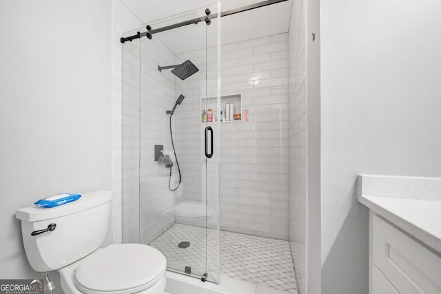 bathroom featuring toilet, a stall shower, and vanity