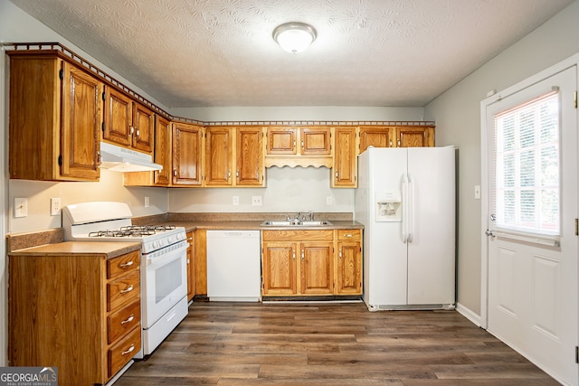 6265 Stoney Cv, Austell, GA 30168 - kitchen featuring white appliances, under cabinet range hood, dark wood-type flooring, a textured ceiling, and brown cabinets